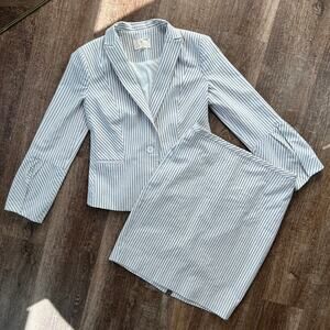 Etcetera Gold Label Blue Striped 2 Piece Skirt and Jacket Blazer Suit Set